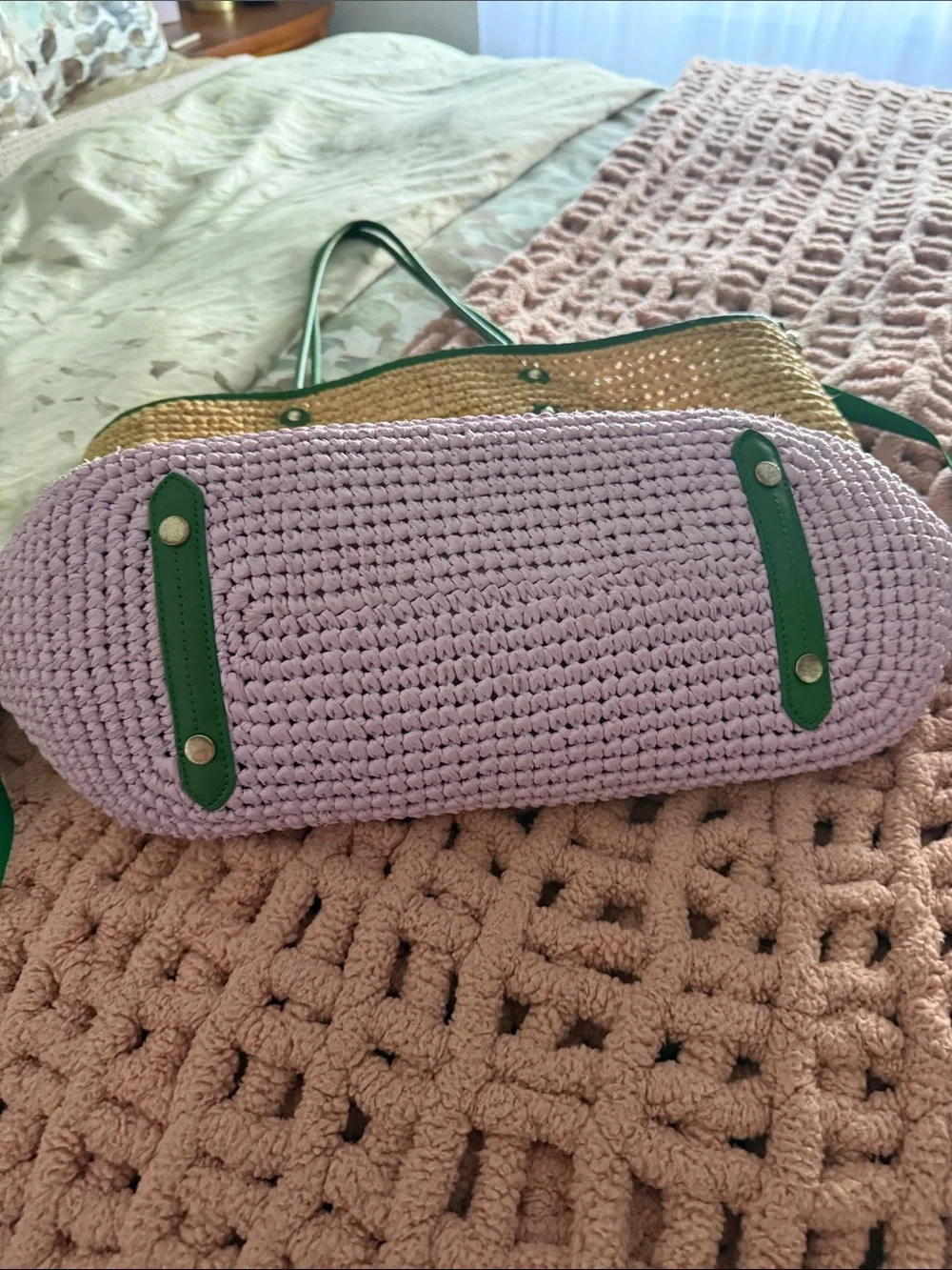 kate spade Straw Tote with Pink, White & Green Accents - with dust bag  & clutch